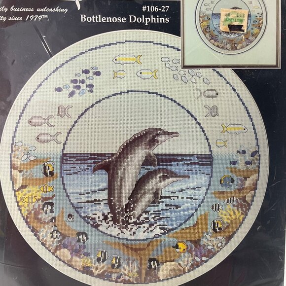VTG 90's Janlynn Bottlenose Dolphins Counted Cross Stitch Kit 14"x14" Ocean - Picture 2 of 8